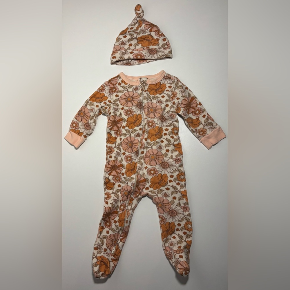 Floral Infant One Piece in Orange and Pink with Matching Hat